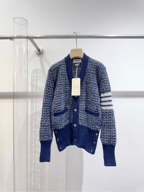 Thom Browne Navy and Light Blue Textured Waffle Cardigan